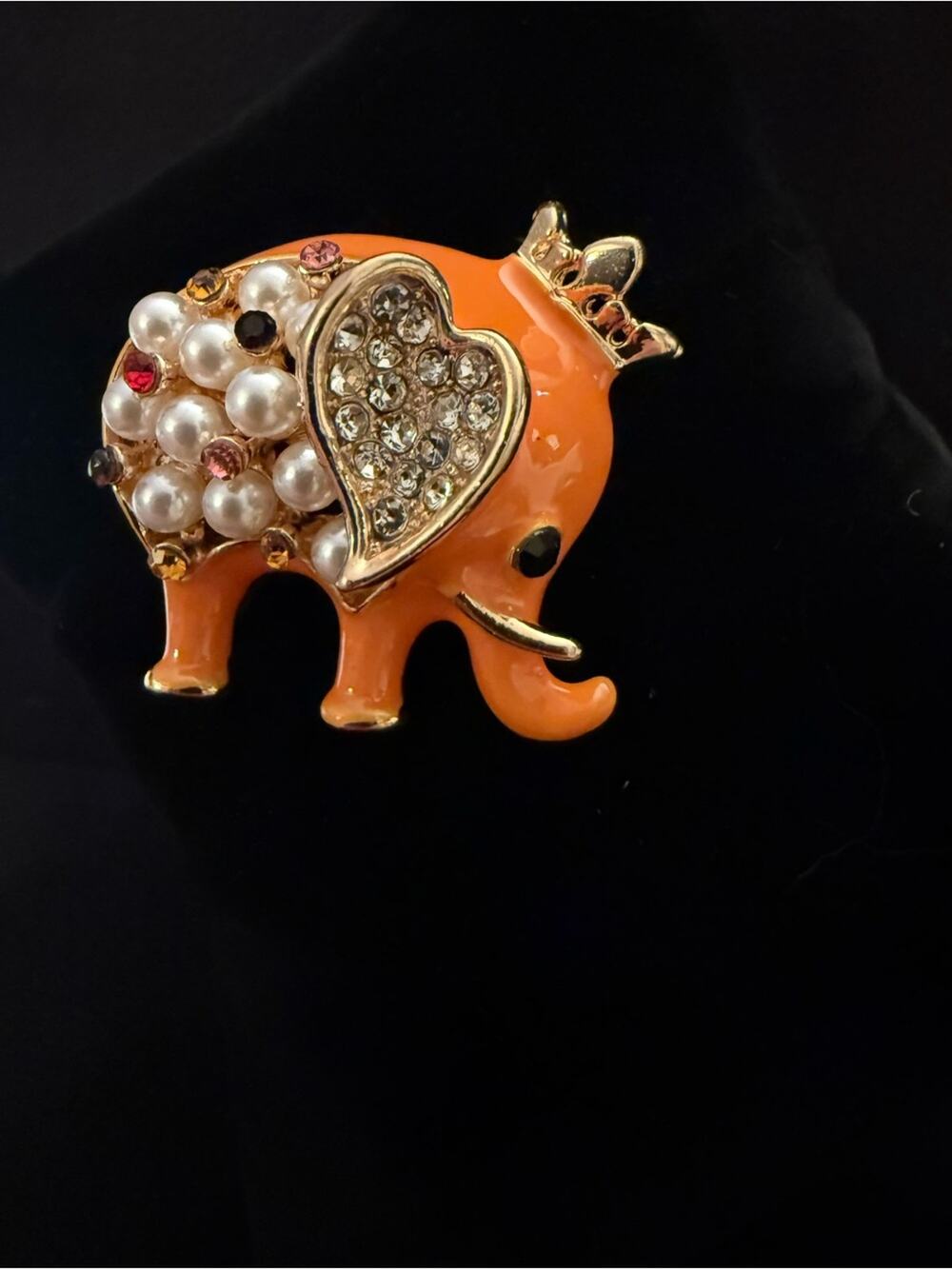 Orange Elephant Pearl & Crystal Brooch - Unbranded